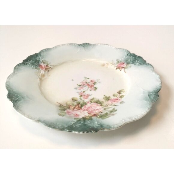Antique Pink & Green Plate  Scalloped Edge Gold Trim Porcelain Circa 1920s - Picture 4 of 9